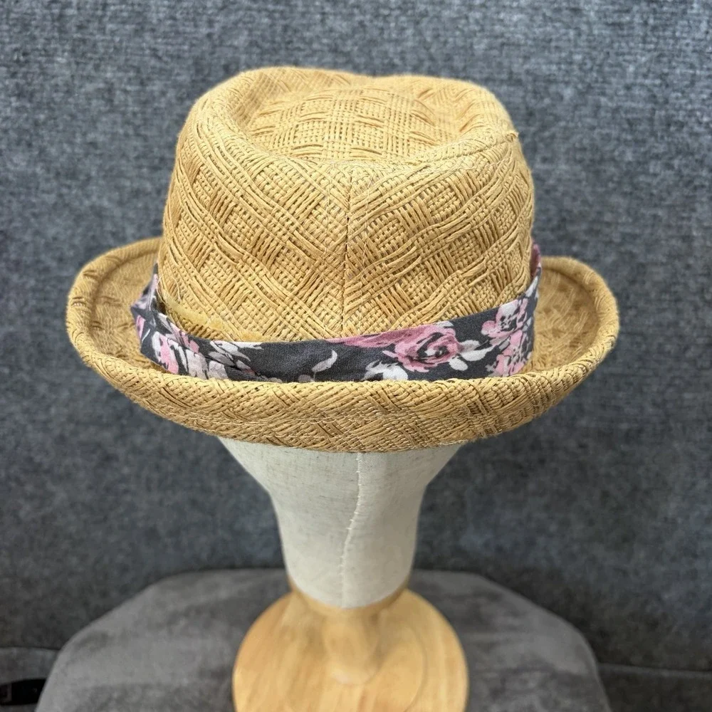 Lucy Love Straw Fedora Hat Womens OS Tan Floral Band Woven Sun Beach Summer Boho